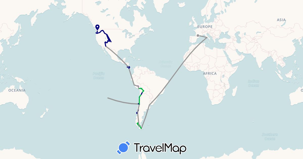 TravelMap itinerary: driving, bus, plane, train, hiking, boat in Argentina, Bolivia, Chile, Costa Rica, France, Italy, Panama, Peru, United States (Europe, North America, South America)
